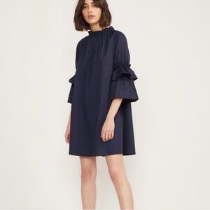 Cynthia Rowley Navy Smoked Ruffle Neck and Sleeve Mini Dress